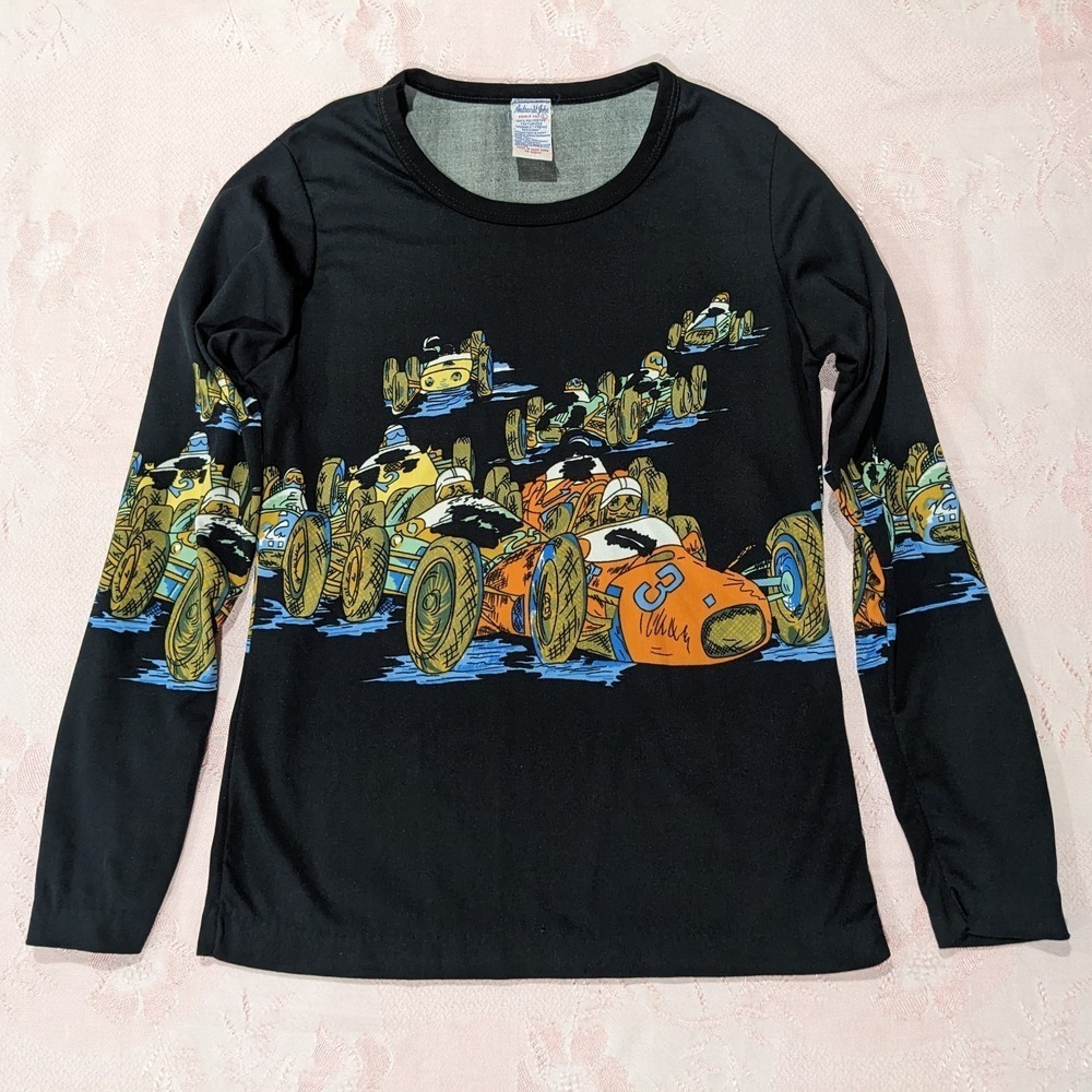 Vintage 70s Graphic Racecar Shirt S/M Black Car Top Long‎ Sleeve Novelty Print